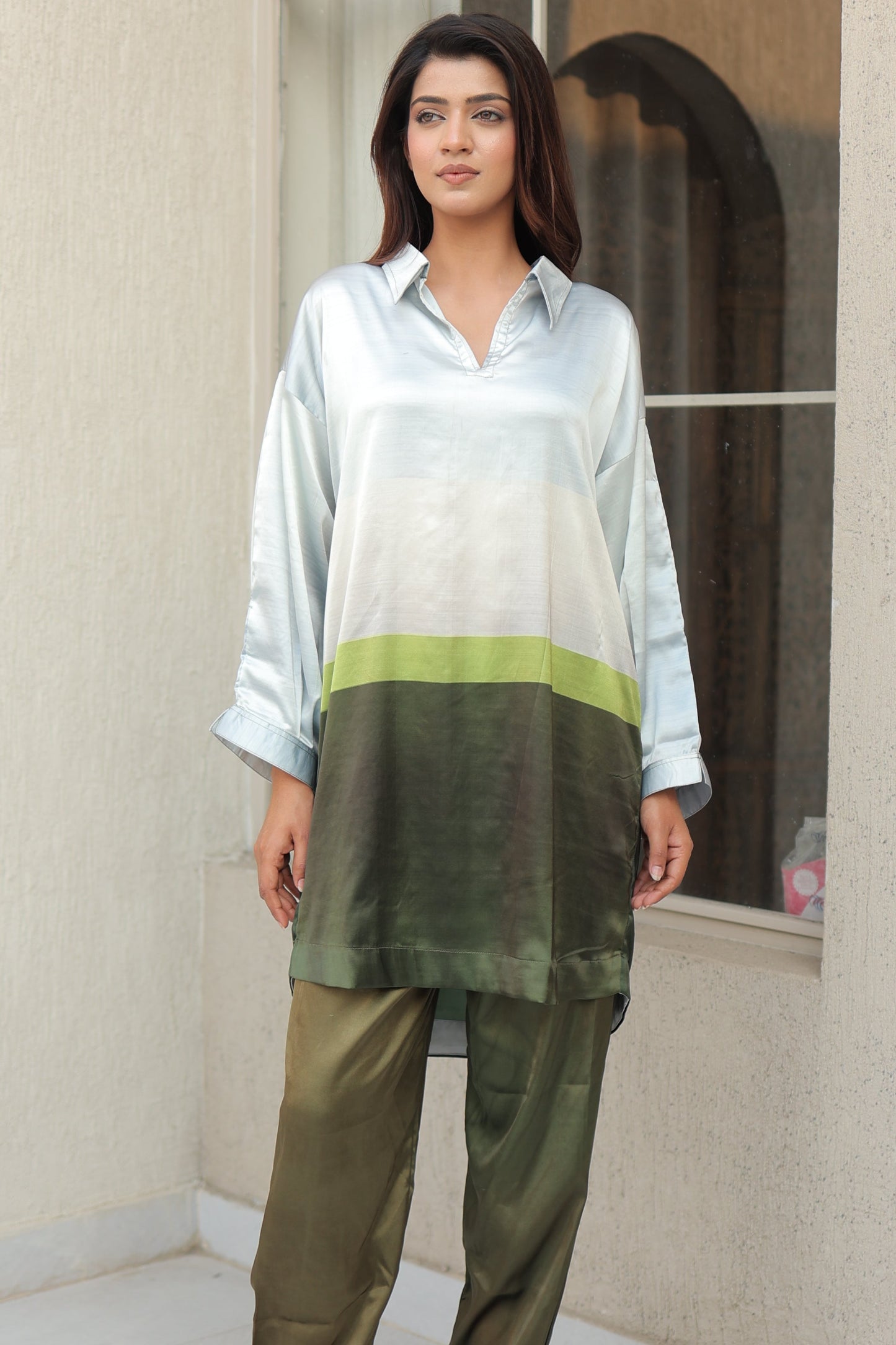 Pastel Olive colorblocked satin Co-Ord Set