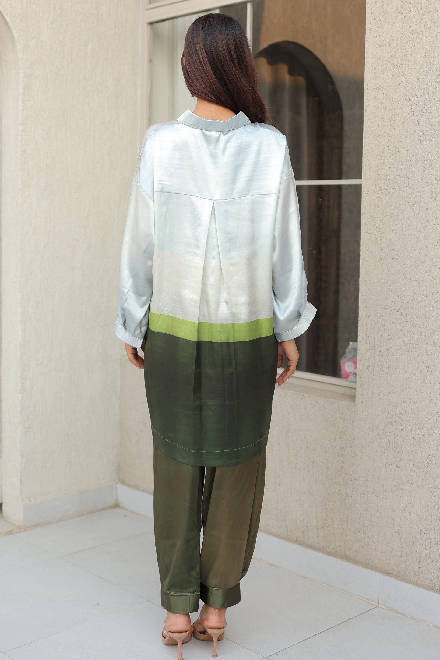 Pastel Olive colorblocked satin Co-Ord Set